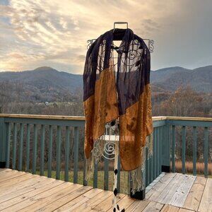 Vintage Handwoven Sari Scarf With Gold & Navy Blue Patterns & Tassels